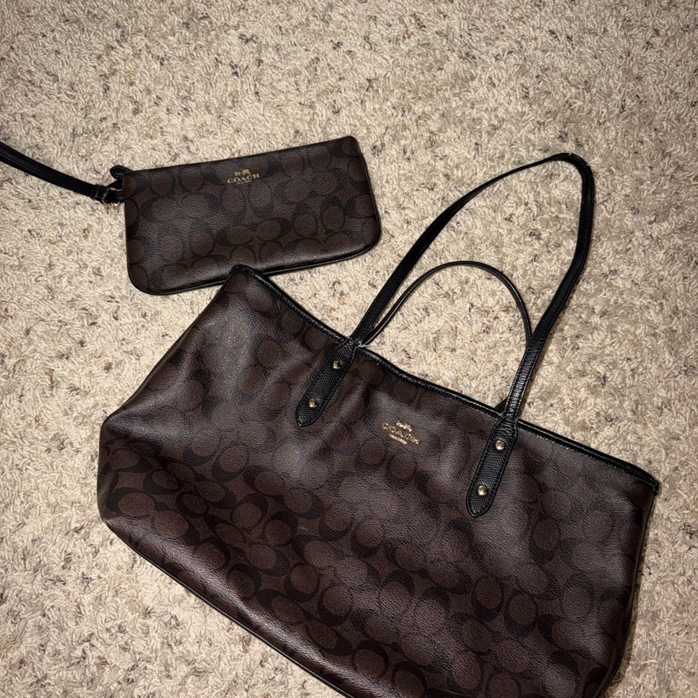 Coach Dark Brown Signature Tote and Wristlet